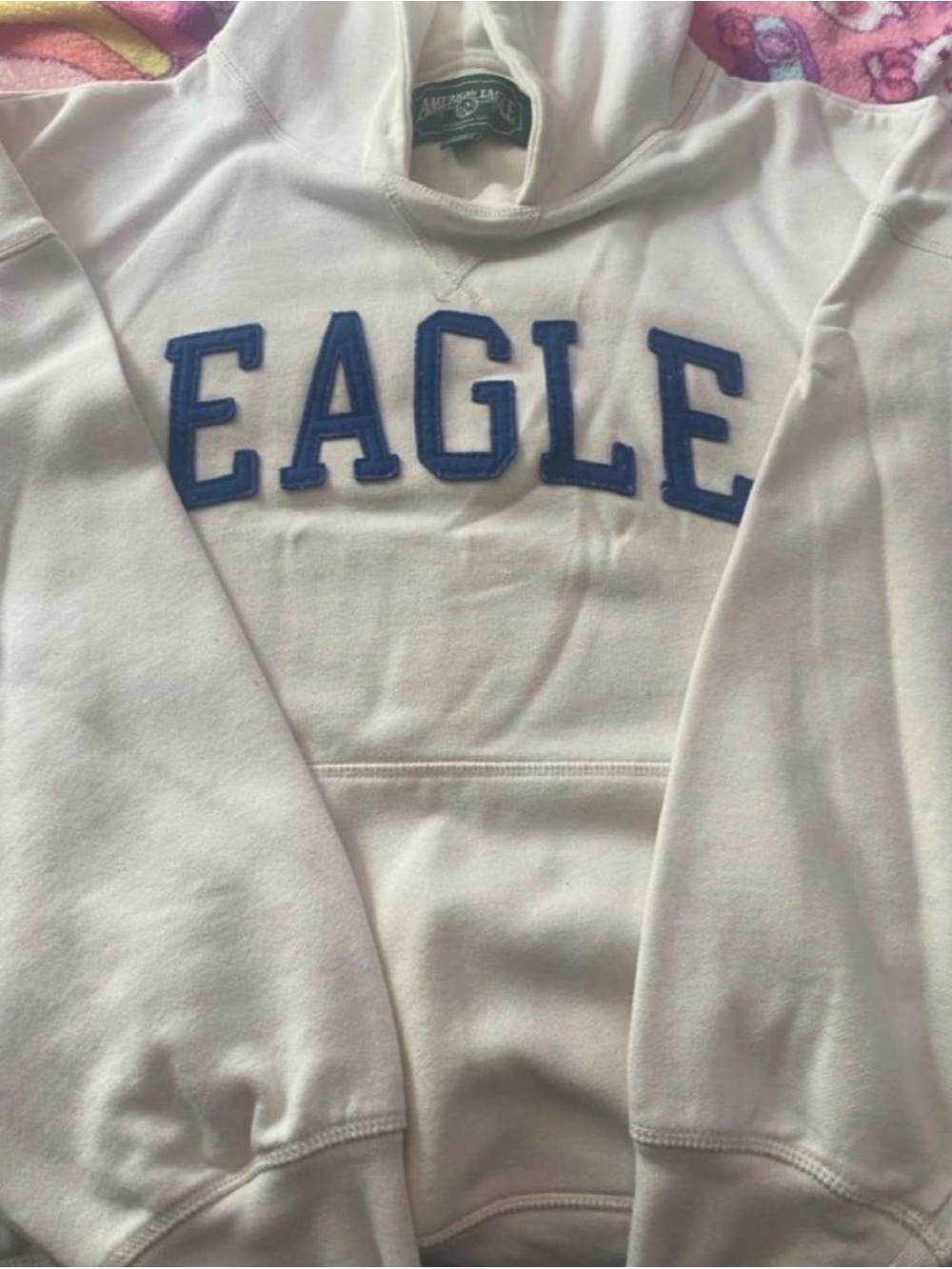 American Eagle Outfitters White Crewneck Hoodie with Blue Appliqué